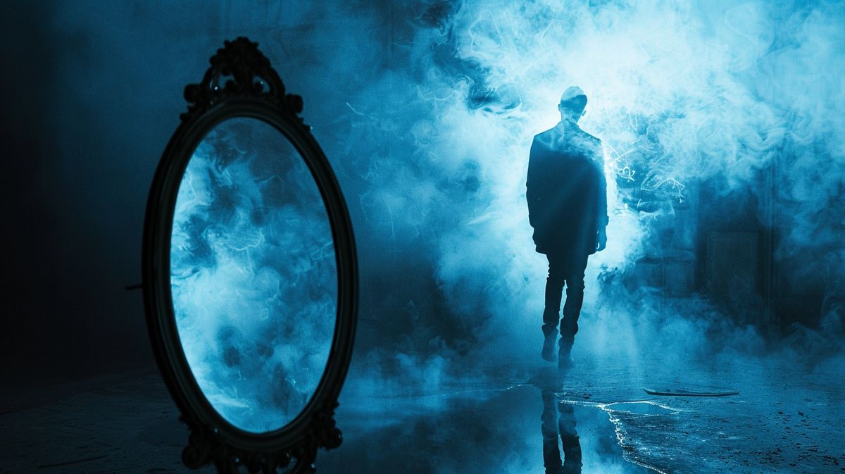 Ghosting Narzissmus dargestellt durch eine verschwommene Person, die sich von einer klaren Spiegelung entfernt