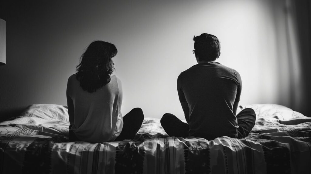 Frau und Mann sitzen enttäuscht im Bett, symbolisieren Dysthymie Sexualität und emotionale Distanz