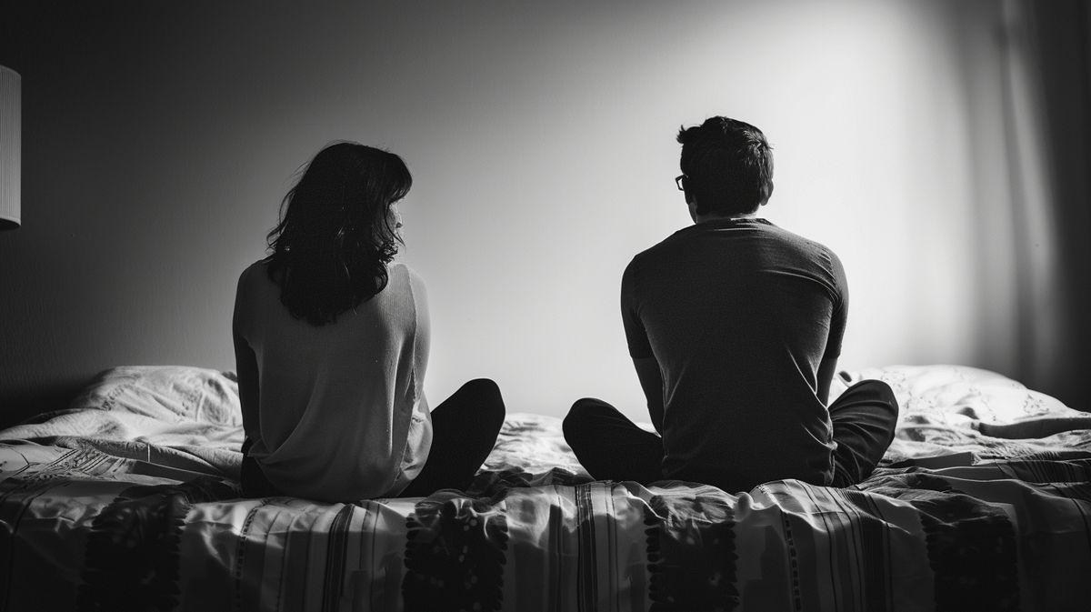 Frau und Mann sitzen enttäuscht im Bett, symbolisieren Dysthymie Sexualität und emotionale Distanz
