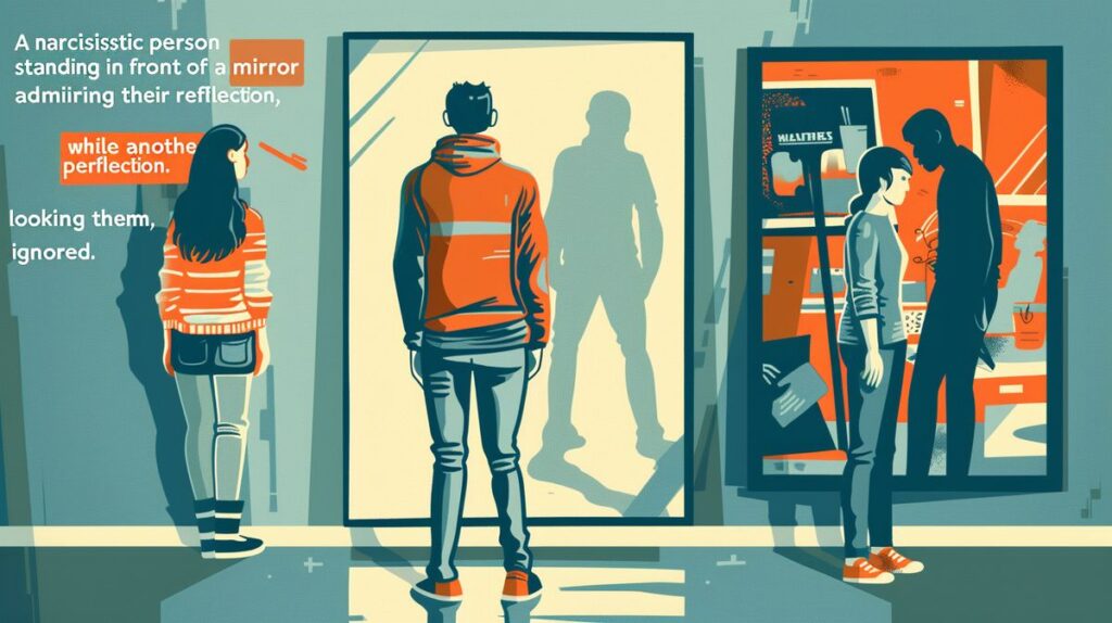 Frau sitzt betrübt am Tisch, während ein Mann im Hintergrund steht – wie geht der Narzisst mit der Next um