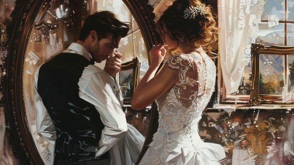 Narzisst heiratet Next in einer eleganten Hochzeitszeremonie, Braut und Bräutigam beim Austausch von Ringen